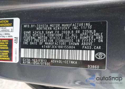 2011 Toyota Camry Le z USA, uszkodzony, nr VIN 4T4BF3EK1BR155804